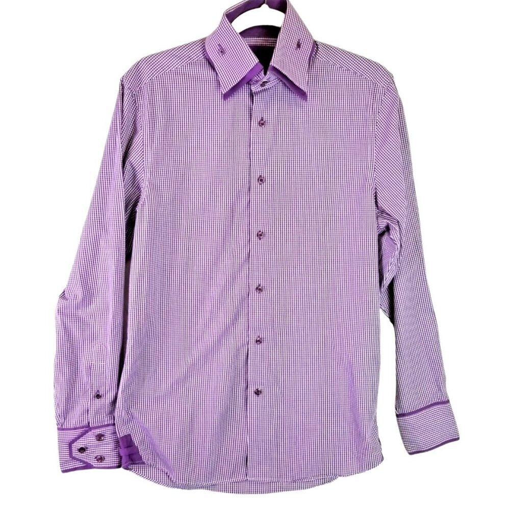 Brio Milano Mens size S Collar Purple Gingham Button Up Dress Long Sleeve Shirt